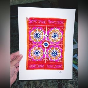 Art print watercolor and ink bright Moroccan  tiles style 8.5x11in